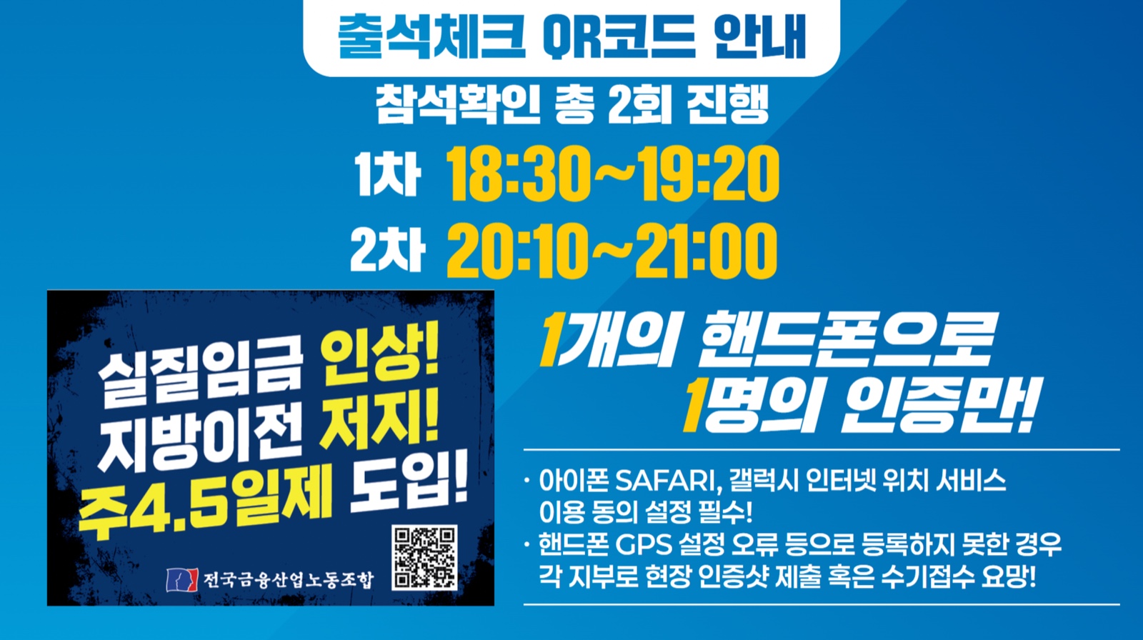 주최측 배포 “출석체크 QR코드 안내”. 참석확인은 총 2회 진행합니다 — 1차 출석 오후 6시 30분부터 7시 20분까지, 2차 출석 오후 8시 10분부터 9시까지. 한 개의 휴대폰으로 한 명만 인증할 수 있습니다. 아이폰 SAFARI, 갤럭시 인터넷에서 위치 서비스 이용 동의 설정이 필요합니다. 휴대폰 GPS 설정 오류 등으로 등록하지 못한 경우 각 지부로 현장 인증샷을 제출하거나 수기접수를 요청해 주세요. 왼쪽에는 “실질임금 인상! 지방이전 저지! 주4.5일제 도입!” 손피켓 그림과 출석체크 QR코드가 있습니다 — 같은 곳으로 가는 링크가 이 이미지 아래에 버튼으로 있습니다.